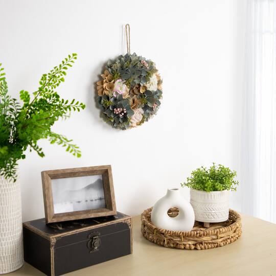 10" Tan & Blue Wooden Floral Wreath